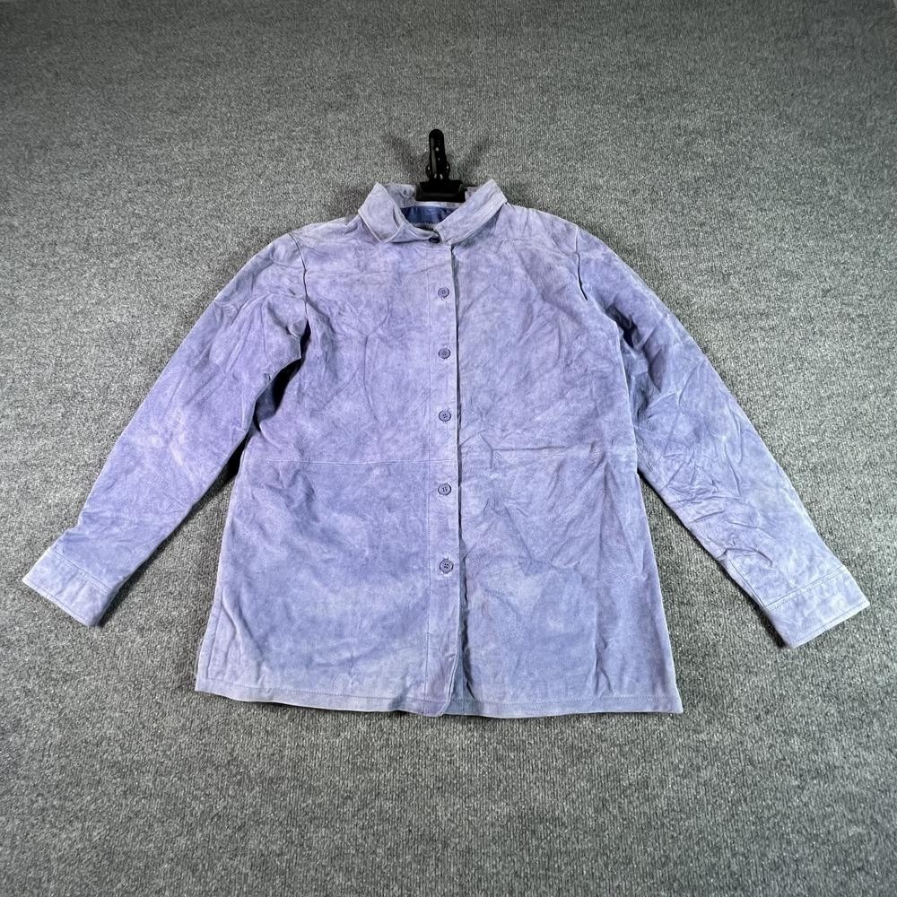 Jessica Holbrook Shirt Jacket Women's L Purple Leather Collared Travel Button-Up